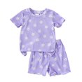 thumbnail image 1 of Coerni Toddler Baby Girl Summer Floral Clothes Ruffle Ribbed Knit Short Sleeves T-Shirt Tops + Shorts Cute Outfits Set, 1 of 7