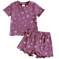 thumbnail image 1 of Coerni Toddler Baby Girl Summer Floral Clothes Ruffle Ribbed Knit Short Sleeves T-Shirt Tops + Shorts Cute Outfits Set, 1 of 9