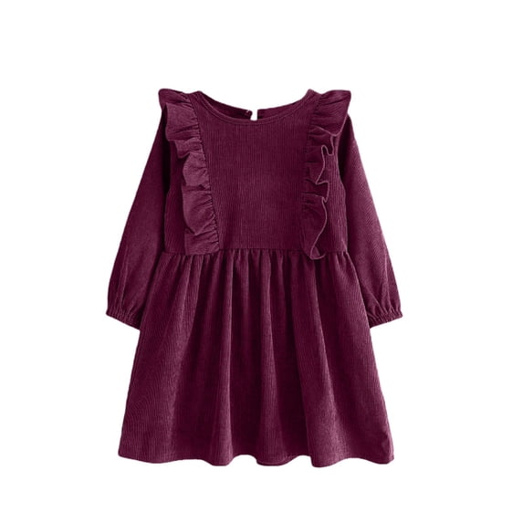 Coerni Toddler Baby Girls Corduroy Dress Kid Cotton Linen Long Sleeve Casual A Line Dresses Solid Swing Fall Tie Lace Ruffle Outfit