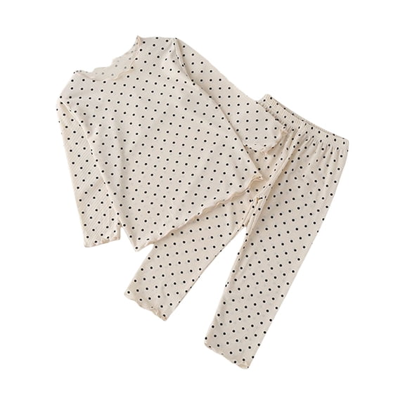 Coerni Toddler Baby Girls Cotton Long Sleeve Pajama Set Wooden Ear Edge Polka Dots Top and Pants Sleepwear Pjs Loungewear Kids Clothes Set