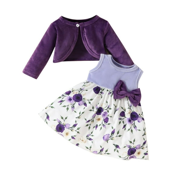 Coerni Toddler Baby Girls Dress and Cardigan Coat 2PCS Set Kids Floral Print Sleeveless Dress Solid Color Flannel Jacket