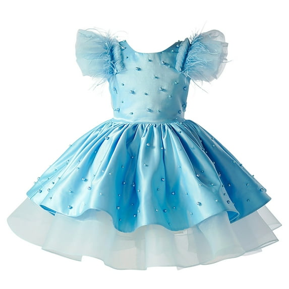 Coerni Toddler Baby Girls Feather Flying Sleeve Pearl Gown Dress Tutu Fluffy Princess Dress Summer Wedding Party Dresses