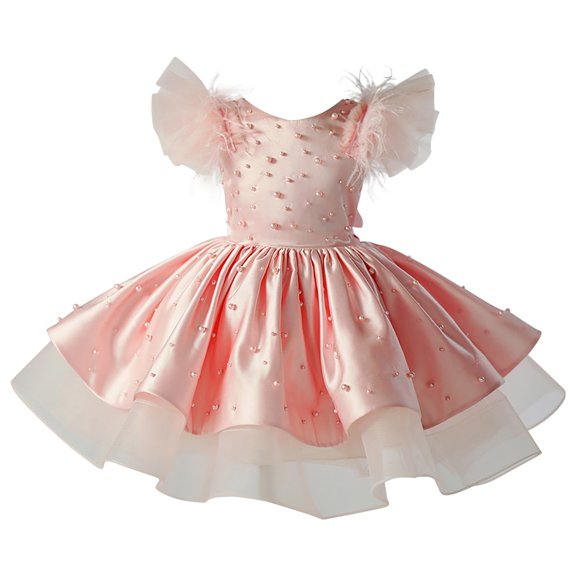Coerni Toddler Baby Girls Feather Flying Sleeve Pearl Gown Dress Tutu Fluffy Princess Dress Summer Wedding Party Dresses