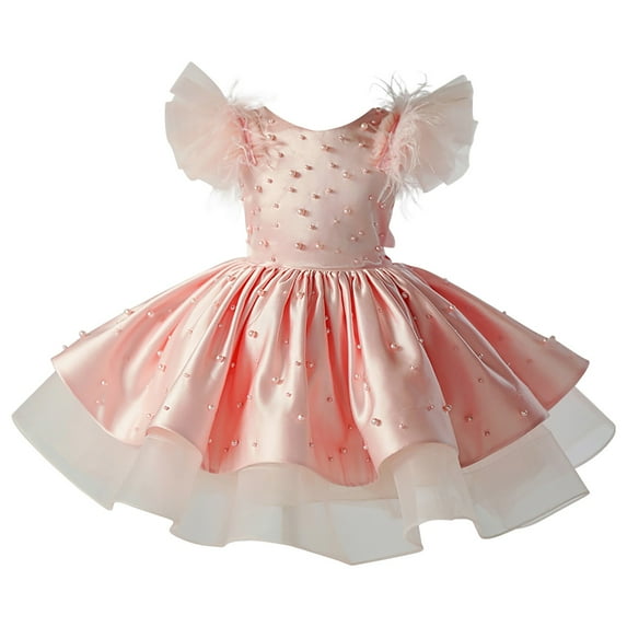 Coerni Toddler Baby Girls Feather Flying Sleeve Pearl Gown Dress Tutu Fluffy Princess Dress Summer Wedding Party Dresses