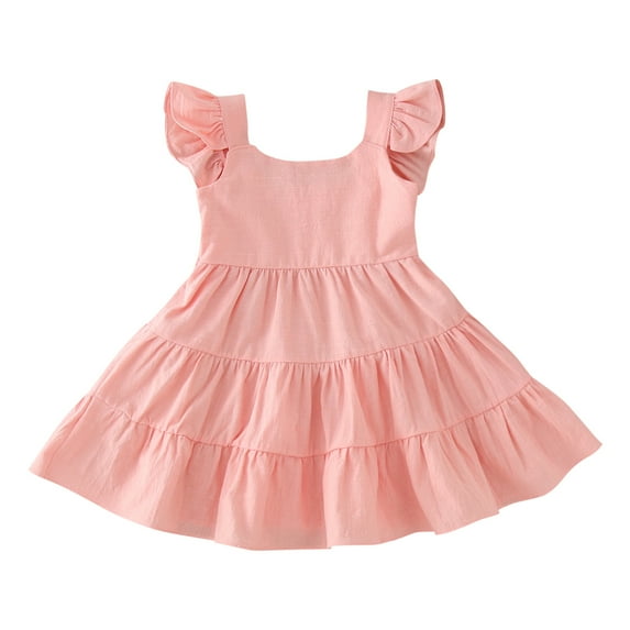 Coerni Toddler Baby Girls Flutter Sleeve Dress Casual Tiered Dresses Ruffle Solid Color Swing Dress Party Summer Princess Dress