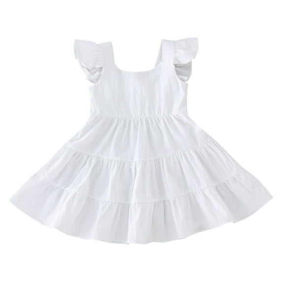 Coerni Toddler Baby Girls Flutter Sleeve Dress Casual Tiered Dresses Ruffle Solid Color Swing Dress Party Summer Princess Dress