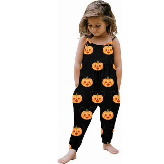 Coerni Toddler Baby Girls Halloween Romper Pumpkin Witch Print Sleeveless Strap Jumpsuit Harem Pants Fall Halloween Matching Clothes