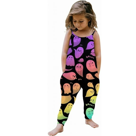 Coerni Toddler Baby Girls Halloween Romper Pumpkin Witch Print Sleeveless Strap Jumpsuit Harem Pants Fall Halloween Matching Clothes