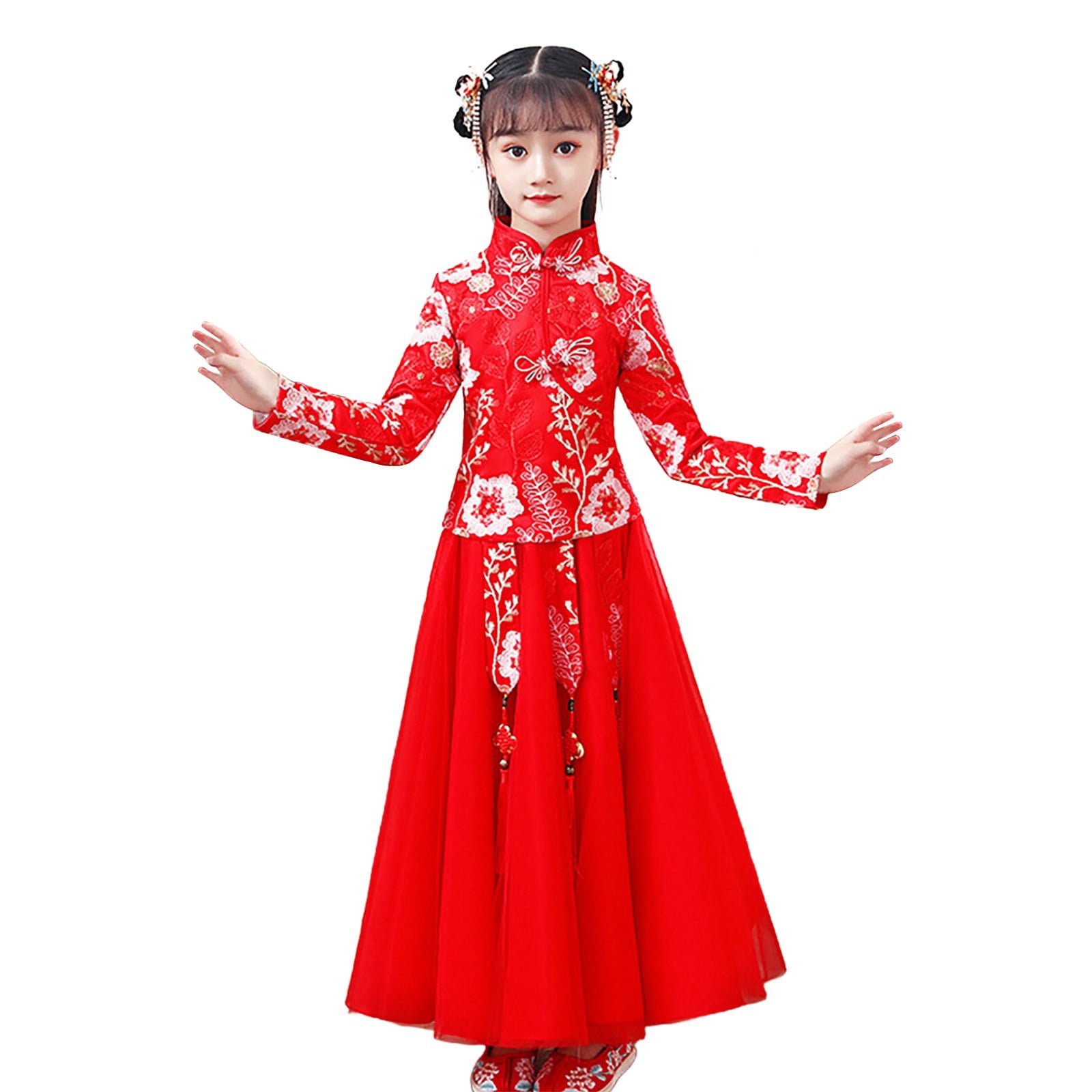 Coerni Toddler Baby Girls New Year's Tang Suit Sets Chinese Ancient Clothing Sets Vintage Long Sleeve Floral Top Dress 2Pcs Outfits