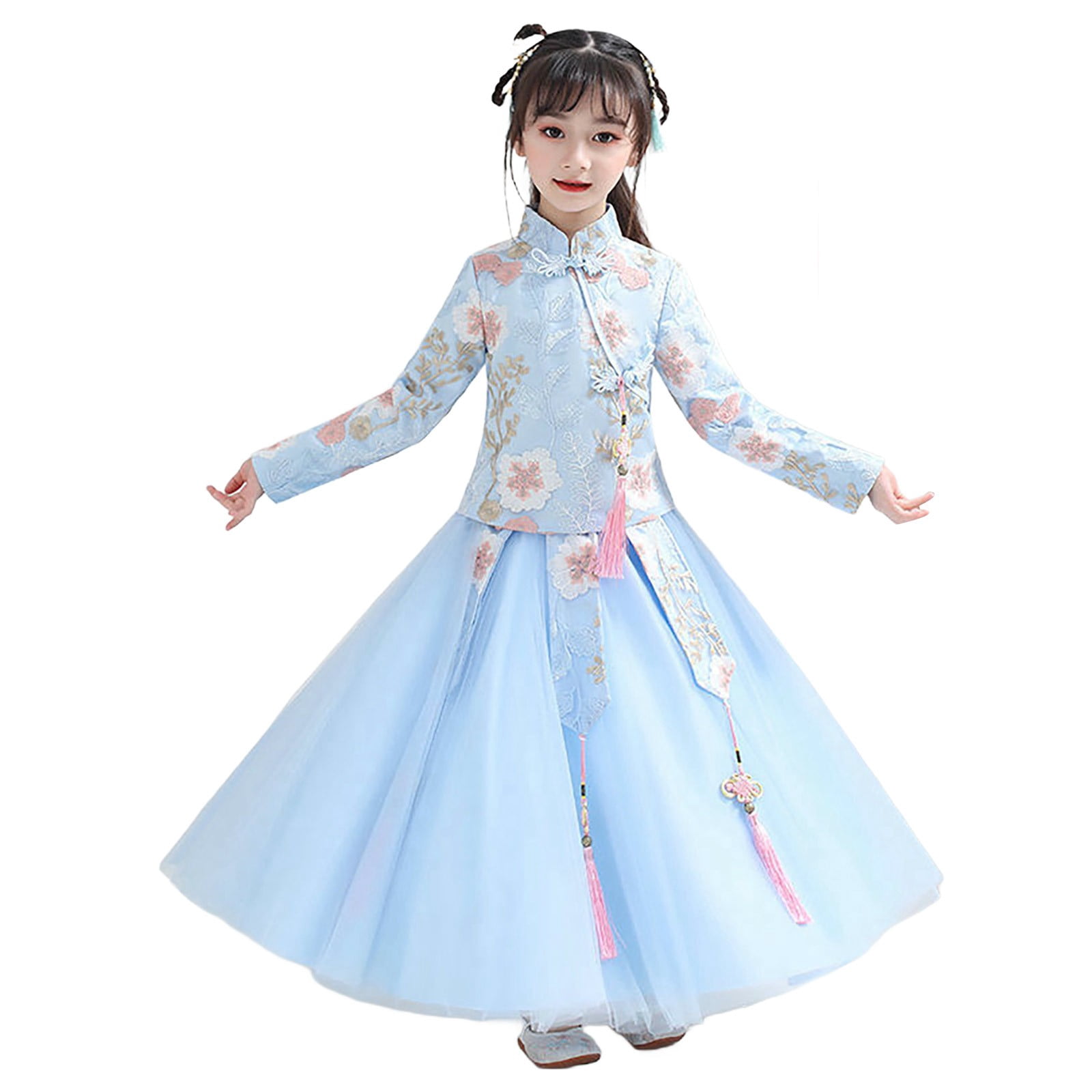 Coerni Toddler Baby Girls New Year's Tang Suit Sets Chinese Ancient Clothing Sets Vintage Long Sleeve Floral Top Dress 2Pcs Outfits