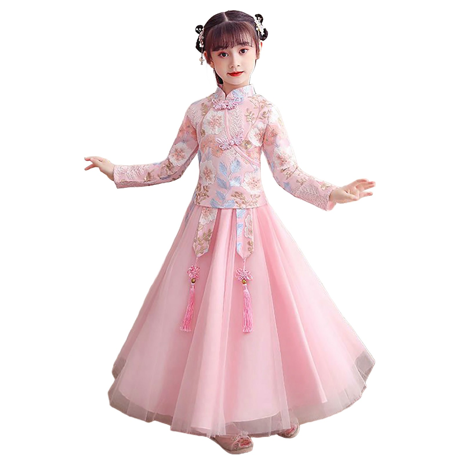 Coerni Toddler Baby Girls New Year's Tang Suit Sets Chinese Ancient Clothing Sets Vintage Long Sleeve Floral Top Dress 2Pcs Outfits