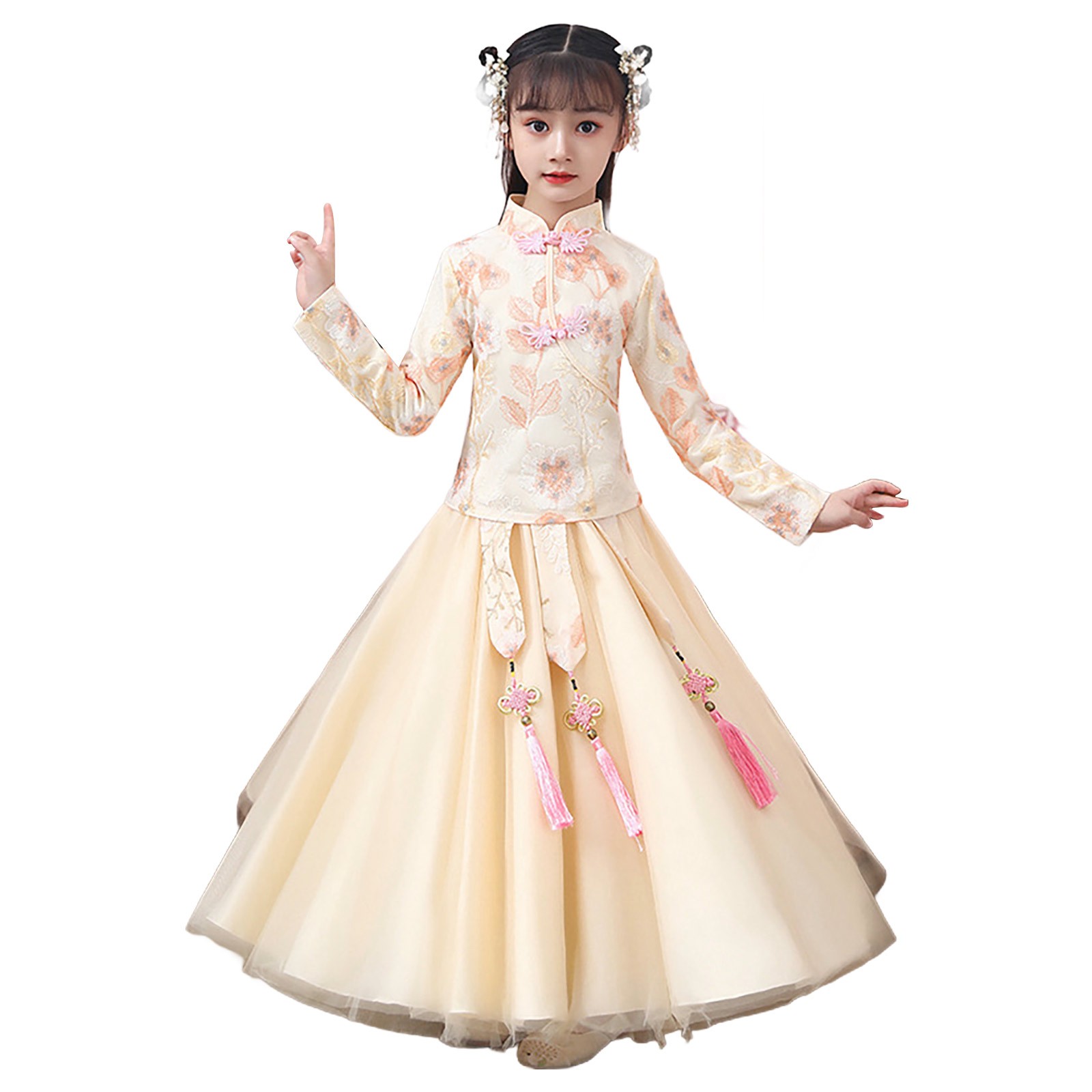 Coerni Toddler Baby Girls New Year's Tang Suit Sets Chinese Ancient Clothing Sets Vintage Long Sleeve Floral Top Dress 2Pcs Outfits
