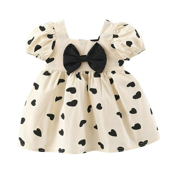 Coerni Toddler Baby Girls Short Sleeve Dress Heart Print Bow Ruffle Mini Dresses Kids Princess Summer Casual Dresses Playwear