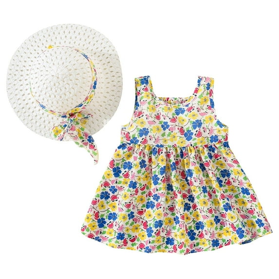 Coerni Toddler Baby Girls Sleeveless Sundress Girls Tutu Dress Bow Floral Print Princess Dress with Hat Beach Summer Outfits