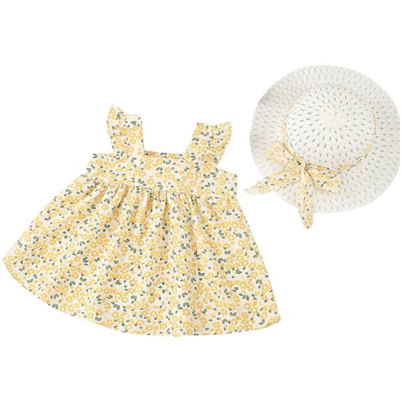 Coerni Toddler Baby Girls Sleeveless Sundress Girls Tutu Dress Bow Floral Print Princess Dress with Hat Beach Summer Outfits