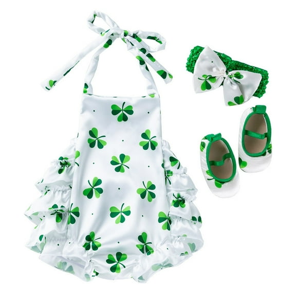 Coerni Toddler Baby Girls St.Patricks Day Sleeveless Romper Spring Summer Floral Bodysuit Hairband Shoes 3pc Set Summer Outfit