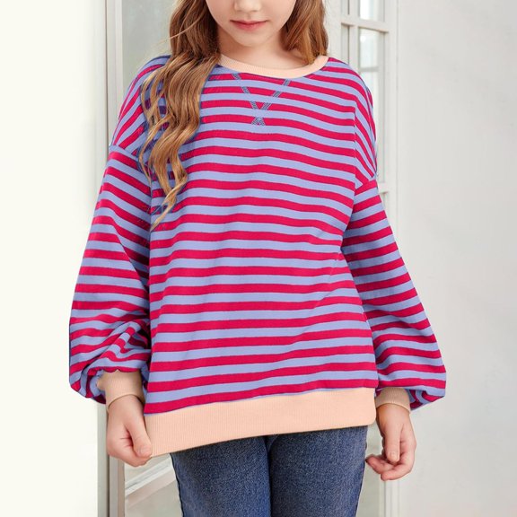 Coerni Toddler Baby Girls Striped Color Block Sweatshirts Kids Cotton Crewneck Long Sleeve Pullover Tops 4-15 Years Kids Pullover Sweater