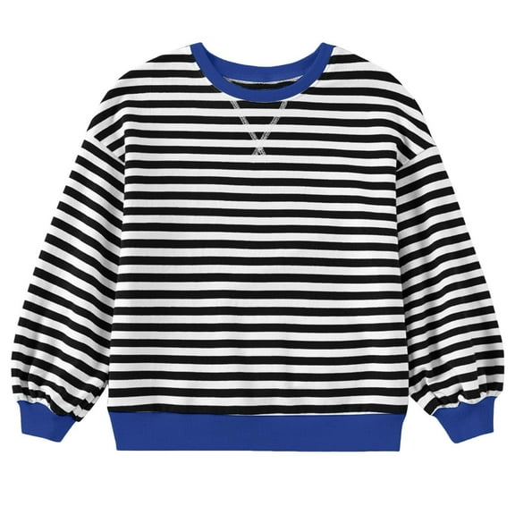 Coerni Toddler Baby Girls Striped Color Block Sweatshirts Kids Cotton Crewneck Long Sleeve Pullover Tops 4-15 Years Kids Pullover Sweater