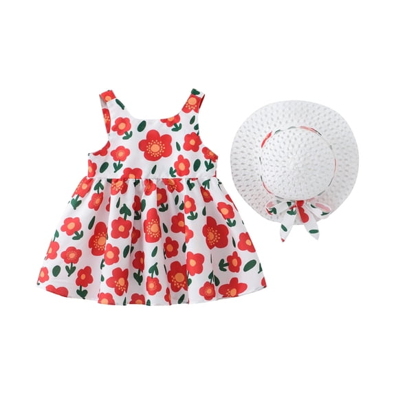 Coerni Toddler Baby Kids Girls Hawaii Holiday Dress + 𝚂traw Hat Floral Princess Sleeveless Outfits 2pcs Sundress Set