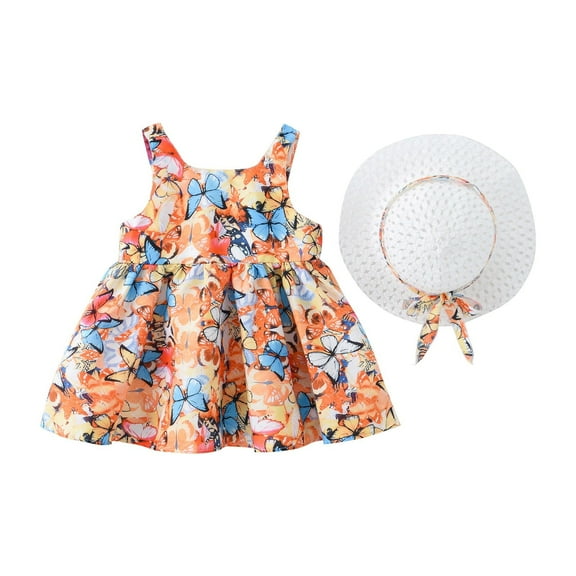 Coerni Toddler Baby Kids Girls Hawaii Holiday Dress + 𝚂traw Hat Floral Princess Sleeveless Outfits 2pcs Sundress Set
