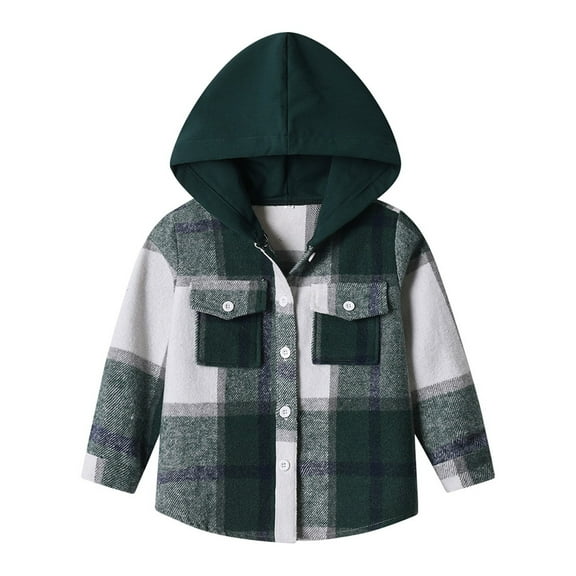 Coerni Toddler Baby Plaid Hooded Shirt Kids Boys Flannel Shacket Long Sleeve Tartan Jacket Y2K Grid Check Lapel Button Down Top