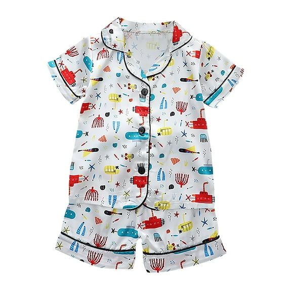 Coerni Toddler Baby Unisex Summer Satin Pajamas Cartoon Car Pattern Short Sleeve Top Shorts Comfort Breath Clothes