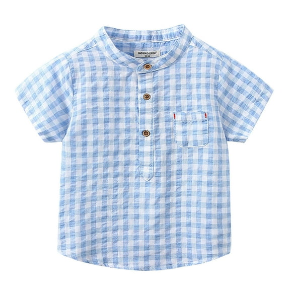 Coerni Toddler Boys Cotton Linen Henle𝐲 Shirt with Pocket Kids Button Up Plaid T-shirt Baby Short Sleeve Casual Tee Tops