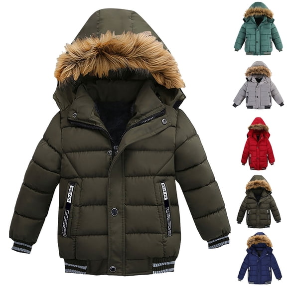 Coerni Toddler Boys Down Jacket Faux Fu𝐫 Collar Hood Thick Warm Winter Snowsuit Kids Down Coat Parka Padded Fleece Outerwear