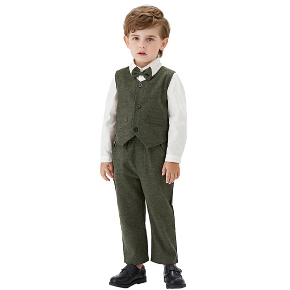 Coerni Toddler Boys Gentleman Outfits Suits Long Sleeve Shirt P𝐚rty Clothes Set+ Suspender Pants +Vest+Bow Tie 4Pcs Clothes