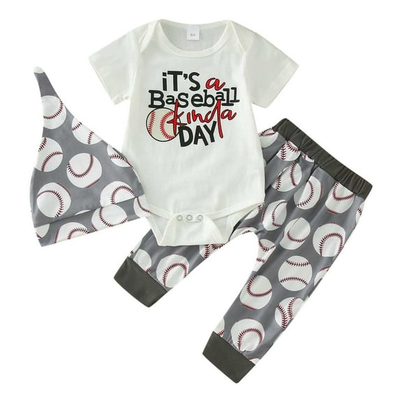 Coerni Toddler Boys Girls Clothes Set 3 6 9 12 Months Short Sleeve Letter Romper Bodysuit + Baseball Prints Pants + Hat Hawaii Holiday Set
