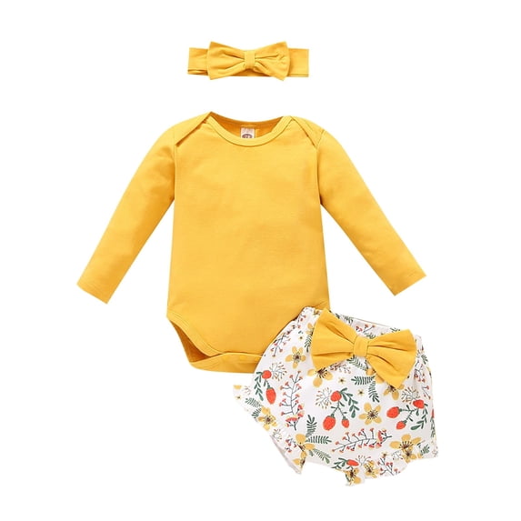 Coerni Toddler Boys Girls Fall Winter Outfits Long Sleeve Floral Romper + Bow Ruffle Shorts + Headband Clothes Set 2pcs
