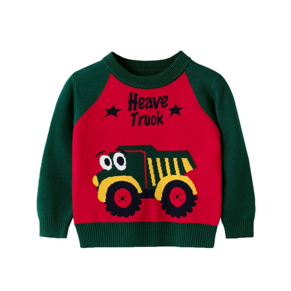 Coerni Toddler Boys Girls Patchwork Colour Cartoon Car Print Sweater Long Sleeve Warm Knitted Pullover Knitwear Tops Sweater Kids Sweatshirt Tan