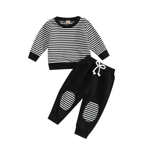 Coerni Toddler Boys Round Neck Long Sleeve Striped Printed Pullover Top And Pants For Boys Autumn Winter Twin Baby Gift Set