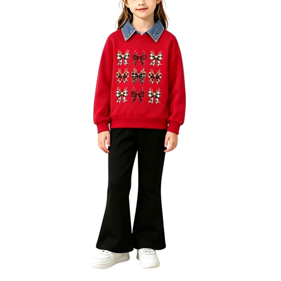 Coerni Toddler Girl Clothes Long Sleeve Collar Sweatshirt and Bell Bottom Pants Matching Sets Fall Winter Kids Lounge Sets