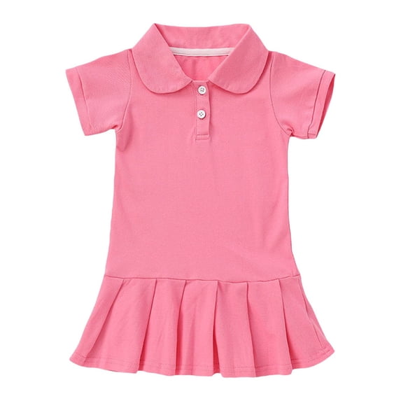 Coerni Toddler Girl Short Sleeve Solid Dress Lapel Pleated Cotton Dress for Little Girls Kiddies Summer Clothes Outfits