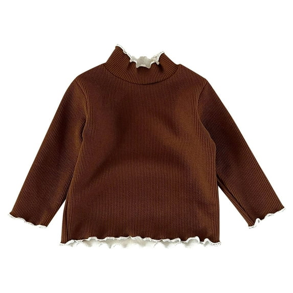 Coerni Toddler Girl Winter Solid Colour Striped Ruffle Neckline Wooden Ear Hem Long Sleeve Inner Pullover Top Baby Toddler Girl