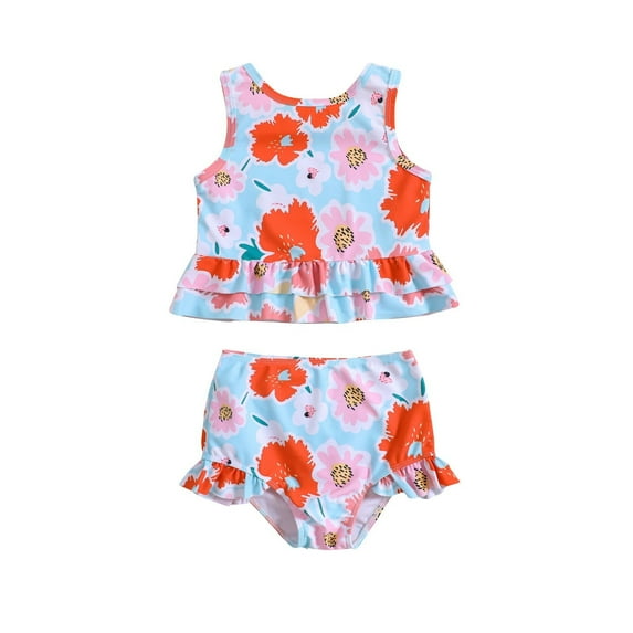 Coerni Toddler Girl's Swimsuit 2 Piece Sleeveless Beachwear Floral Print Ruffle Tankini Casual Holiday Bathing Suit