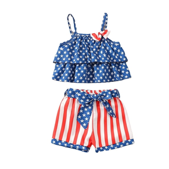 Coerni Toddler Girls 4 Of July Ruffle Layer Vest Top Shorts Set Sleeveless Strap Tops Stripe Star Shorts Usa Flag Gift