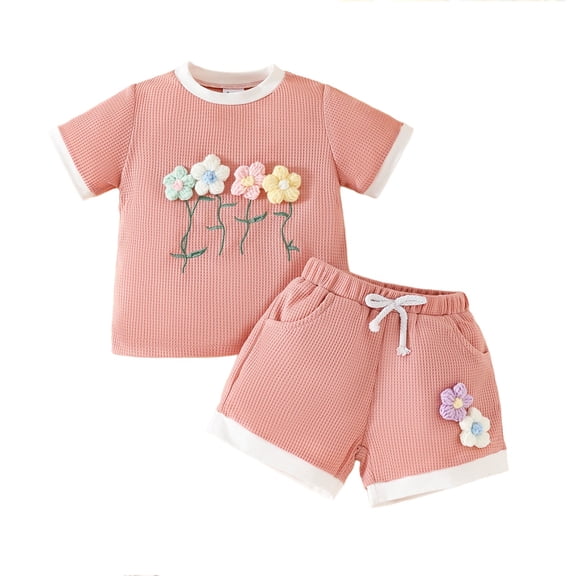 Coerni Toddler Girls Casual Short Sleeved Outfits Suits Kids Flower Cotton Athletic Sports Clothes Elastic Waist Shorts Sets