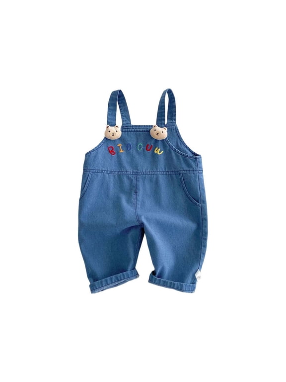 Coerni Toddler Girls Denim Overalls 3D Bear Letter Embroidery Jean Jumpsuits Thin Breathable Spring Summer Rompers Birthday & Outdoor