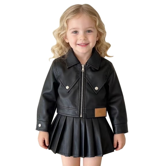 Coerni Toddler Girls Faux Leather Jacket 2 Piece Set Full Zip Lapel Motorcycle Jacket & A-Line Pleated Skirts Fall Trendy Vintage Matching Set