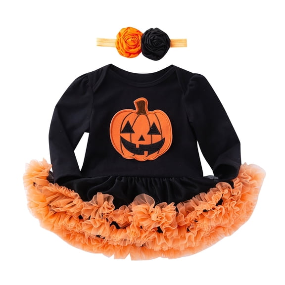 Coerni Toddler Girls Halloween Romper Tutu Skirt Headband 2pc Set Baby Long Sleeve Cosplay 𝗖ostumes Bodysuit Dress
