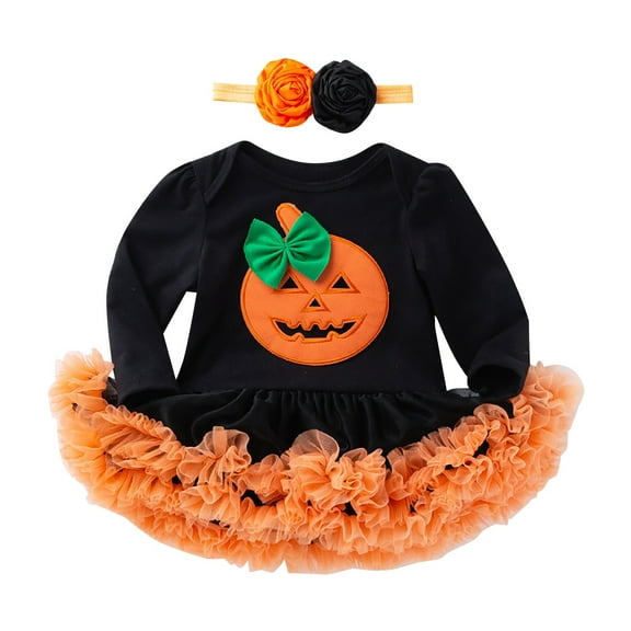 Coerni Toddler Girls Halloween Romper Tutu Skirt Headband 2pc Set Baby Long Sleeve Cosplay 𝗖ostumes Bodysuit Dress