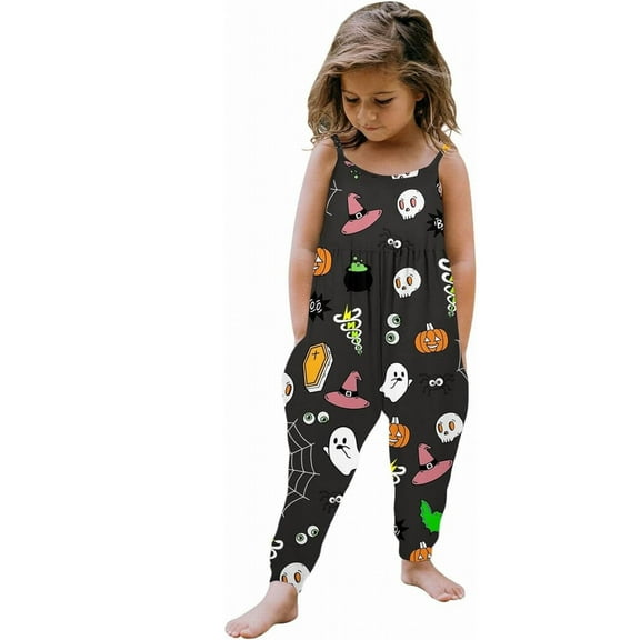 Coerni Toddler Girls Halter Backless Romper Baby Kid Jumpsuit Pants Clothes with Pocket Fall Halloween Matching Clothes Size 1-10 T