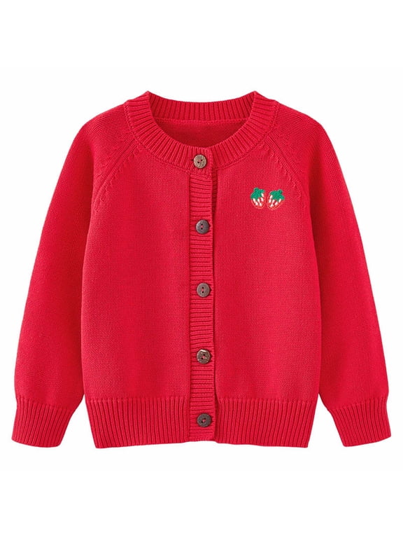 Coerni Toddler Girls Long Sleeve Cardigan Strawberry Print Button Up Sweater Jacket Baby Solid Knitted Sweater Cardigan