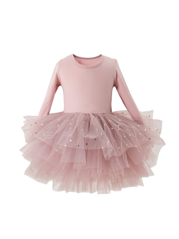 Coerni Toddler Girls Multi-layer Sequin Dance Skirt Elegant Tutu Dresses Long Sleeve Ballet Leotards Dresses Flowing Cute Boho Skirt