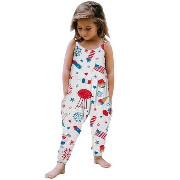 Coerni Toddler Girls Patriots Romper Spaghetti Strap Harems Pants 250 Anniversary Celebration Print Overalls Summer Fourth of July Outfits
