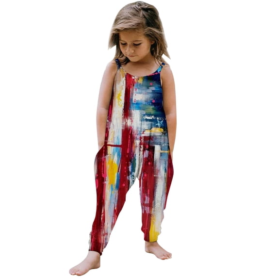 Coerni Toddler Girls Patriots Romper Spaghetti Strap Harems Pants 250 Anniversary Celebration Print Overalls Summer Fourth of July Outfits