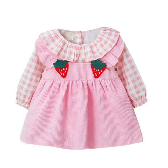 Coerni Toddler Girls Plaid Long Sleeve Dress Corduroy Strawberry Pattern Girls Summer 𝗣eter Pan Collar Kids Top Dresses