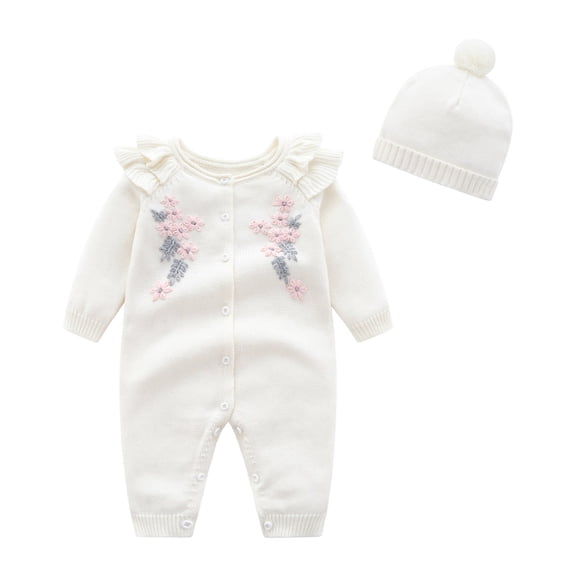Coerni Toddler Girls Ruffle Floral Rompers Set New Born Baby Knit Suit Jumpsuit Clorhes with Hat Little Sister Button Pajamas